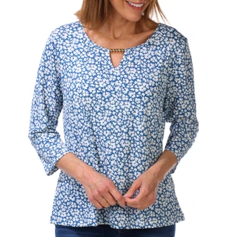 Thumbnail 1: Hearts of Palm Women's Petite 3/4 Sleeve Bitsy Blossom Crinkle Top  
