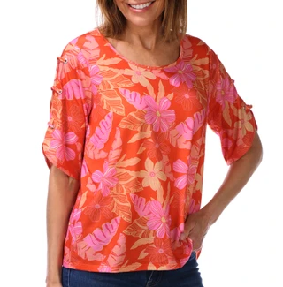 Thumbnail 1: Stella Parker Women's Petite Floral Grommet Lace Up Sleeve Top 