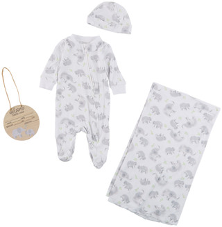 Thumbnail 1: Baby Essentials 4 Pc Baby Footie Knit Cap Swaddle Blanket & Wooden Sign  