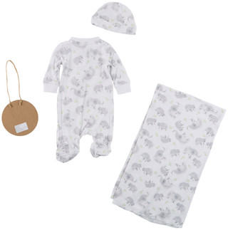 Thumbnail 2: Baby Essentials 4 Pc Baby Footie Knit Cap Swaddle Blanket & Wooden Sign  