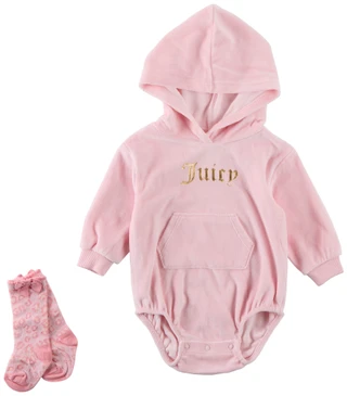 Thumbnail 1: Juicy Couture 2 Pc Baby Girls Long Sleeve Hooded Onesie w/ Cheetah Socks 