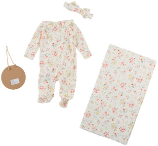 Thumbnail 2: Baby Essentials 4 Pc Baby Girls Footie Headband Swaddle & Wood Disk Sign  