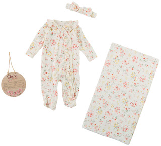 Thumbnail 1: Baby Essentials 4 Pc Baby Girls Footie Headband Swaddle & Wood Disk Sign  