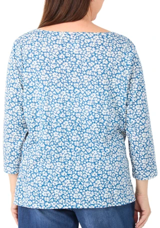 Thumbnail 2: Hearts of Palm Womens Plus 3/4 Sleeve Floral Print Crinkle Bead Keyhole Top 