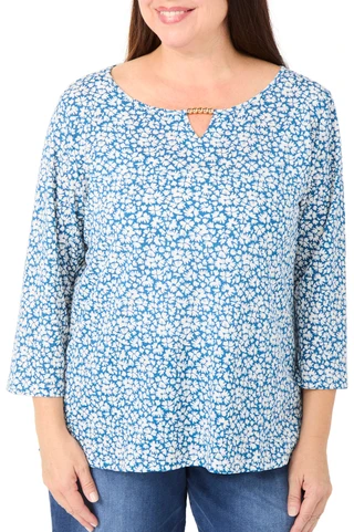 Thumbnail 1: Hearts of Palm Womens Plus 3/4 Sleeve Floral Print Crinkle Bead Keyhole Top 