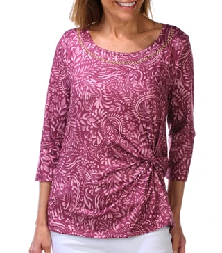 Thumbnail 1: Hearts of Palm Women's Petite 3/4 Sleeve Embossed Side Knot Top  