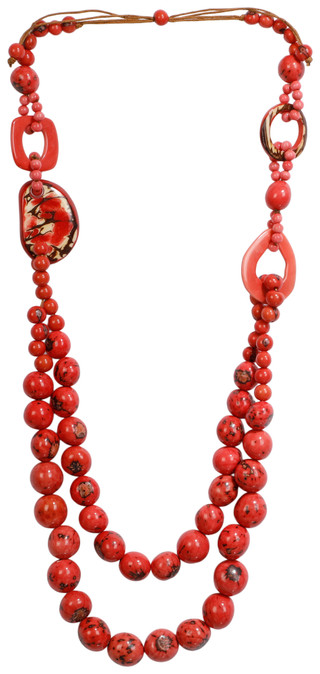 Thumbnail 1: TAGUA Handmade Tagua Palm Nut Poppy Coral Vega Necklace  
