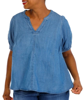 Thumbnail 1: Coral Bay Plus Short Sleeve Denim Eyelet Top 