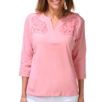 Thumbnail 1: Coral Bay Women's Petite 3/4 Sleeve Embroidered Split Neck Top 