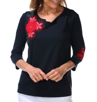 Thumbnail 1: Coral Bay Petite 3Q Sleeve Christmas Poinsettia Applique Tee  