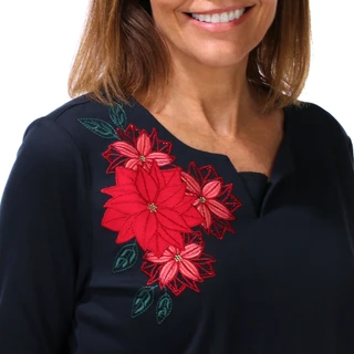 Thumbnail 3: Coral Bay Petite 3Q Sleeve Christmas Poinsettia Applique Tee  