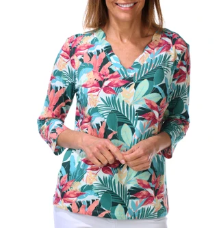 Thumbnail 1: Coral Bay Women's 3/4 Sleeve Printed Scalloped V Neck Top 