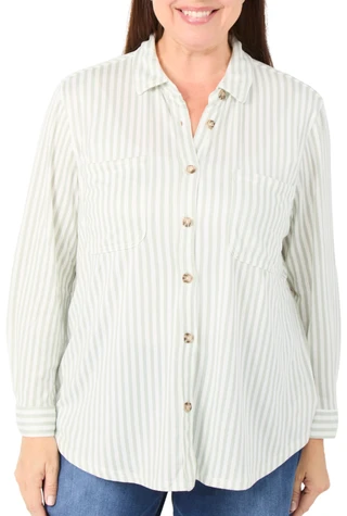 Thumbnail 1: C&C California Women's Plus Long Sleeve Striped Button Up Top 