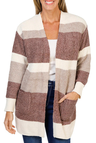 Thumbnail 1: ADRIENNE VITTADINI Women's Chenille 2 Pocket Striped Open Cardigan 