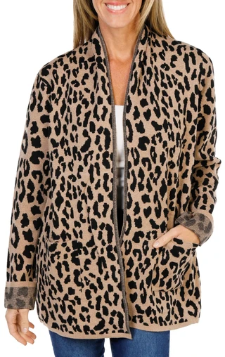 Thumbnail 1: ADRIENNE VITTADINI Women's Jacquard  2 Pocket Animal Print Open Front Cardigan 