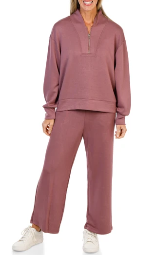 Thumbnail 1: Chelsea & Theodore Women's 2 Pc 1/4 Zip Wide Leg Pants Set with Pockets 