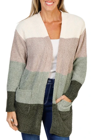 Thumbnail 1: ADRIENNE VITTADINI Women's Chenille 2 Pocket Striped Open Cardigan 