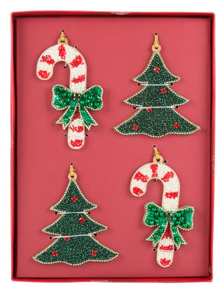 Thumbnail 1: 4 Pk Beaded Christmas Tree & Candy Cane Hanging Decor 