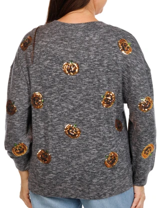 Thumbnail 2: Tru Self Women's Plus Long Sleeve Halloween Pumpkin Sequin Top 