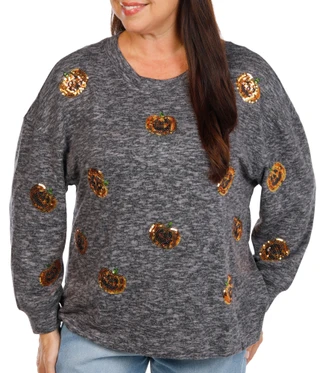 Thumbnail 1: Tru Self Women's Plus Long Sleeve Halloween Pumpkin Sequin Top 