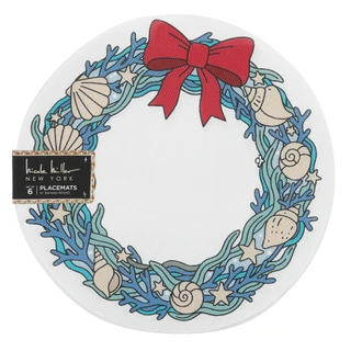 Thumbnail 1: Nicole Miller 6 Pk Christmas Shell Wreath Round Placemats 