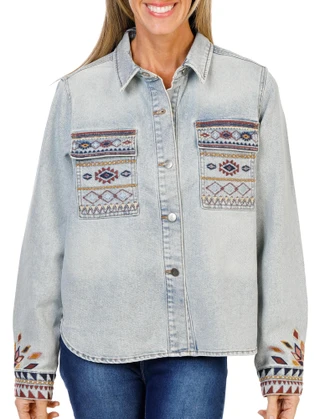 Thumbnail 1: DW Women's Aztec Embroidered Button Up Denim Jacket 