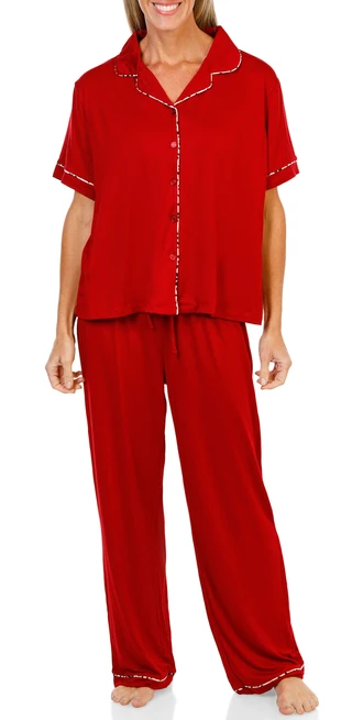 Thumbnail 1: Flora by Flora Nikrooz Women's 3 Pc Button Up Leopard Trim Pajama Pants Set 