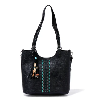 Thumbnail 1: Anneliese Embossed Braided Handled Tote with Bead & Tassel Charms 