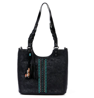 Thumbnail 2: Anneliese Embossed Braided Handled Tote with Bead & Tassel Charms 