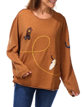 Thumbnail 1: Taelynn Women's Long Sleeve Western Graphic Pullover Sweater 