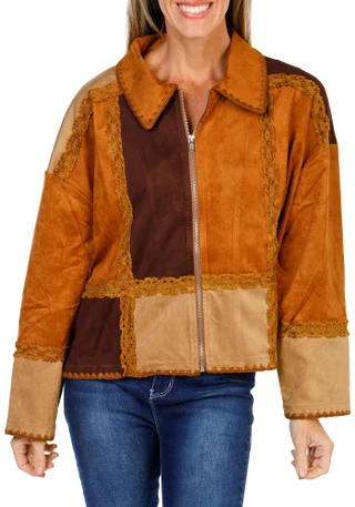Thumbnail 1: MISS ME Women's Boho Patchwork Zip Up Jacket 