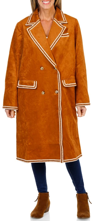 Thumbnail 1: MISS ME Women's Contrast Trim Faux Suede Midi Coat  