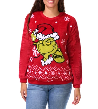 Thumbnail 1: THE GRINCH Juniors Long Sleeve Soft Fleece Christmas Character Shirt 