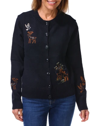 Thumbnail 1: Blu Pepper Women's Embroidered Deer Knit Cardigan   