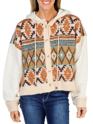 Thumbnail 1: MISS ME Women's Southwestern Hooded Button Up Sweater Jacket 