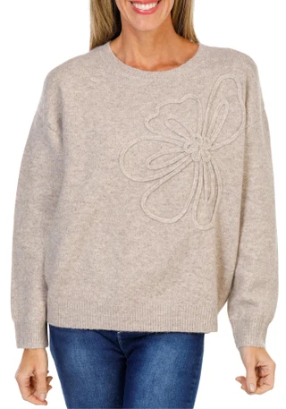 Thumbnail 1: GREIGE Women's Floral Accent Crew Neck Knit Sweater 