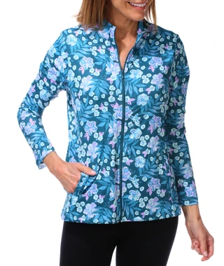 Thumbnail 1: GOTTEX Women's Hibiscus Print Zip Front Jacket 