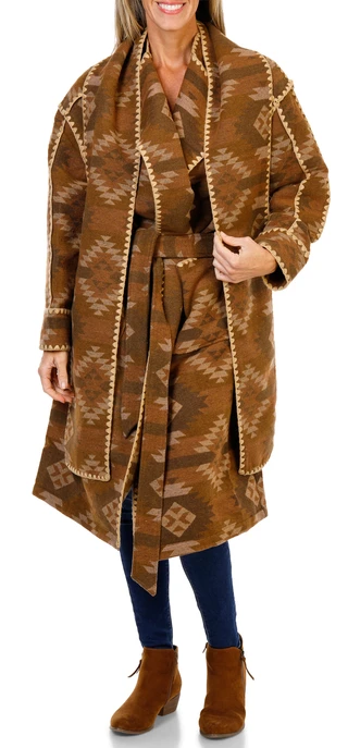 Thumbnail 1: MISS ME Women's Aztec Print Belted Wrap Coat  