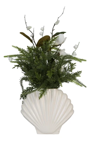 Thumbnail 2: Casey Key 18 in Christmas Magnolias w/ Evergreens in Shell Vase Decor 