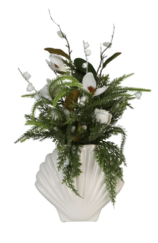 Thumbnail 3: Casey Key 18 in Christmas Magnolias w/ Evergreens in Shell Vase Decor 