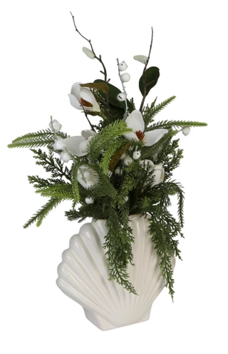 Thumbnail 1: Casey Key 18 in Christmas Magnolias w/ Evergreens in Shell Vase Decor 