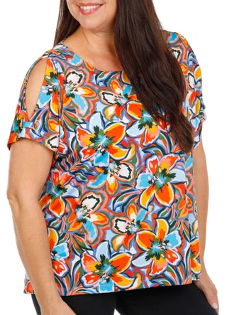 Thumbnail 1: Zac & Rachel Women's Plus Slit Sleeve Printed Top 