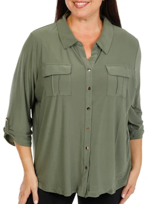 Thumbnail 1: Joie De Vivre Women's Plus 3/4 Sleeve Split Neck Button Front Top 