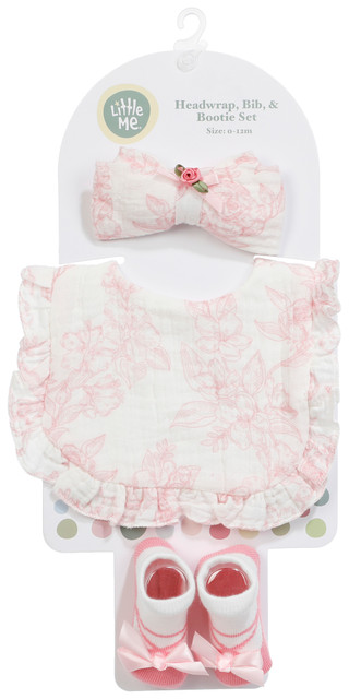 Thumbnail 1: Little Me Baby Girls 3 Pc Headwrap, Bib & Bootie Set 