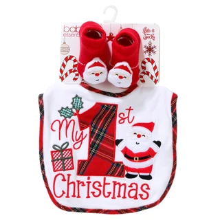 Thumbnail 1: Baby Essentials 2 Pc My 1st Christmas Santa Bib & Socks Set 