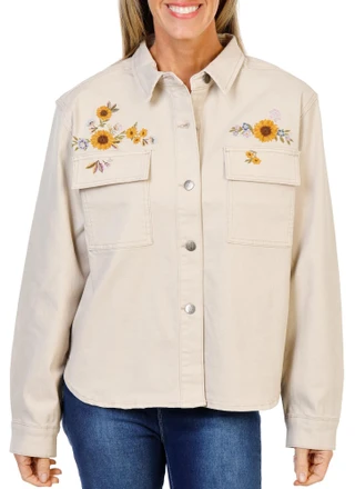 Thumbnail 1: DW Women's Sunflower Embroidered Button Up Jacket  