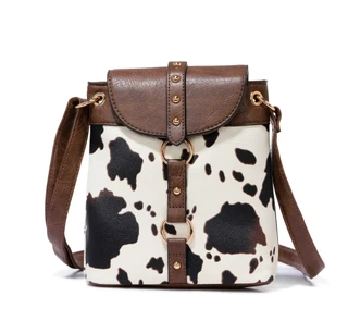 Thumbnail 1: Sage and Saddle Cow Print Studded Crossbody Bag with Flap Closure 