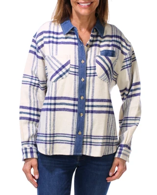 Thumbnail 1: Thread & Supply Women's Long Sleeve Plaid Denim Trim Top  