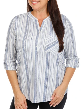 Thumbnail 1: Joie De Vivre Women's Plus 3/4 Sleeve Split Neck Button Front Top 