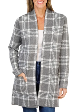 Thumbnail 1: BB Dakota Women's Plaid Jacquard 2 Pocket Open Cardigan 